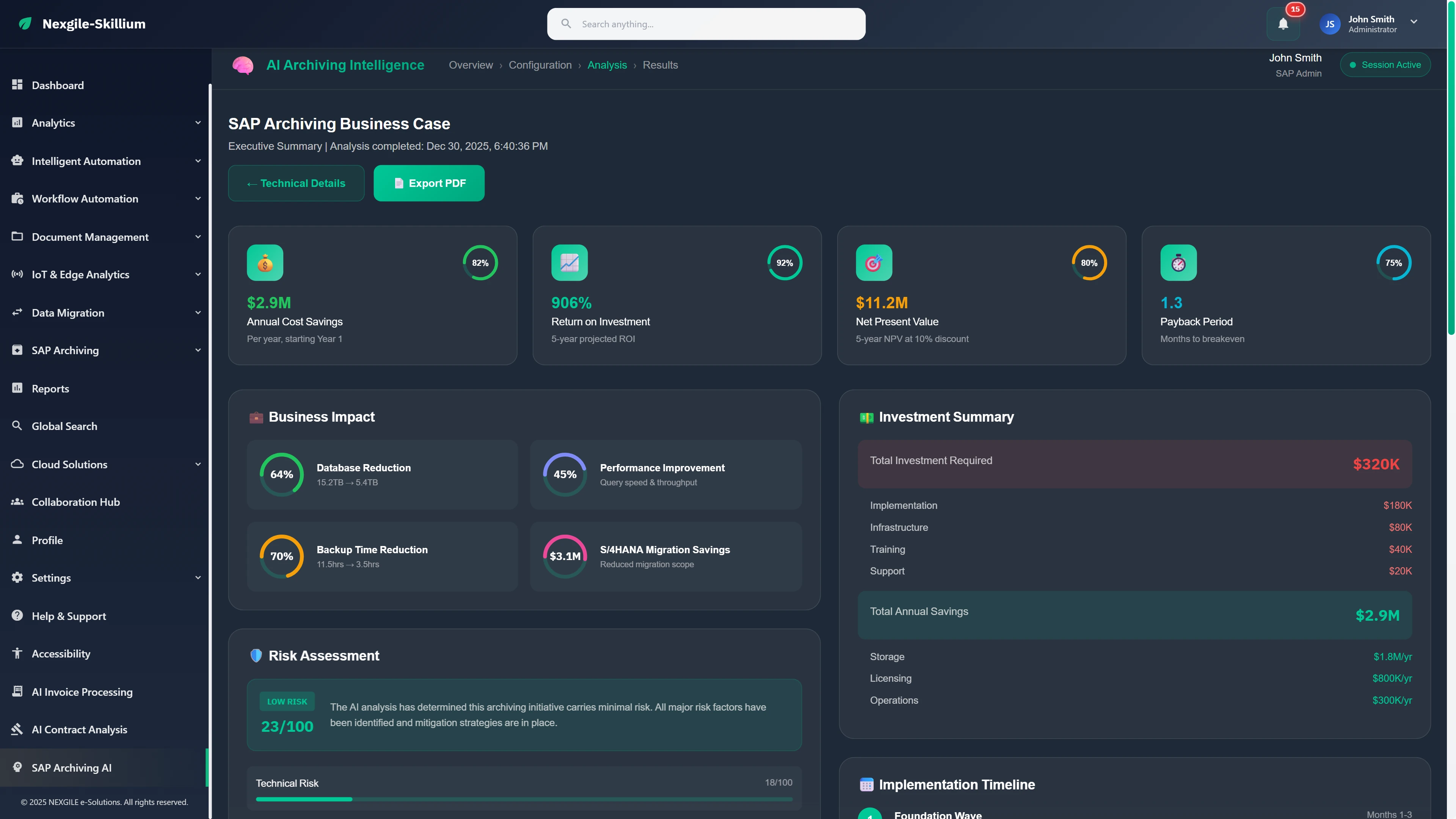 SAP Archiving Business Case - Executive ROI summary with investment analysis, risk assessment, and implementation timeline